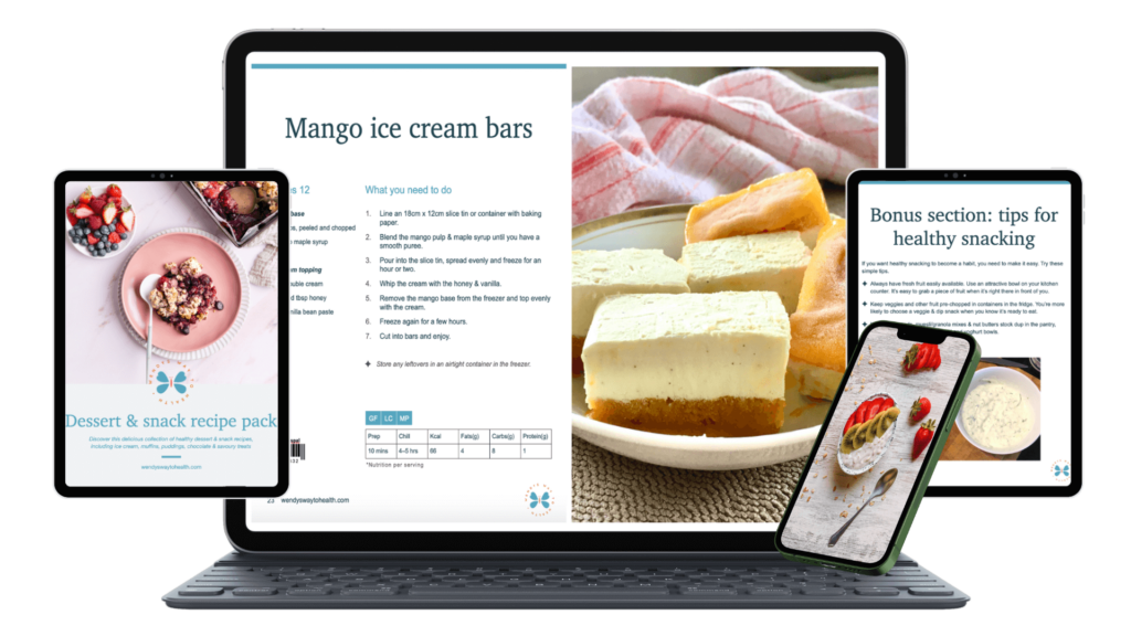 Dessert and snack recipe pack cover and page examples