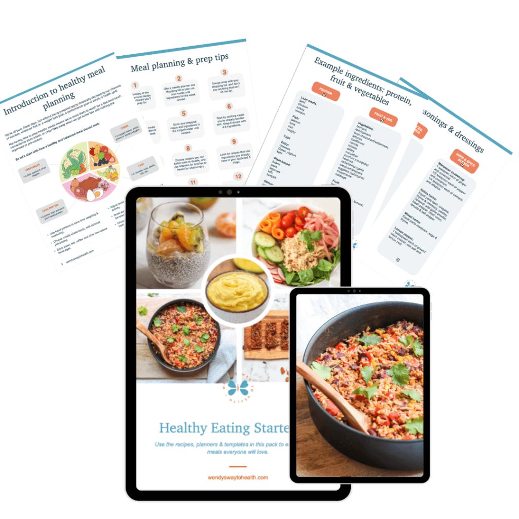 Cover of the healthy eating starter kit with pages around it
