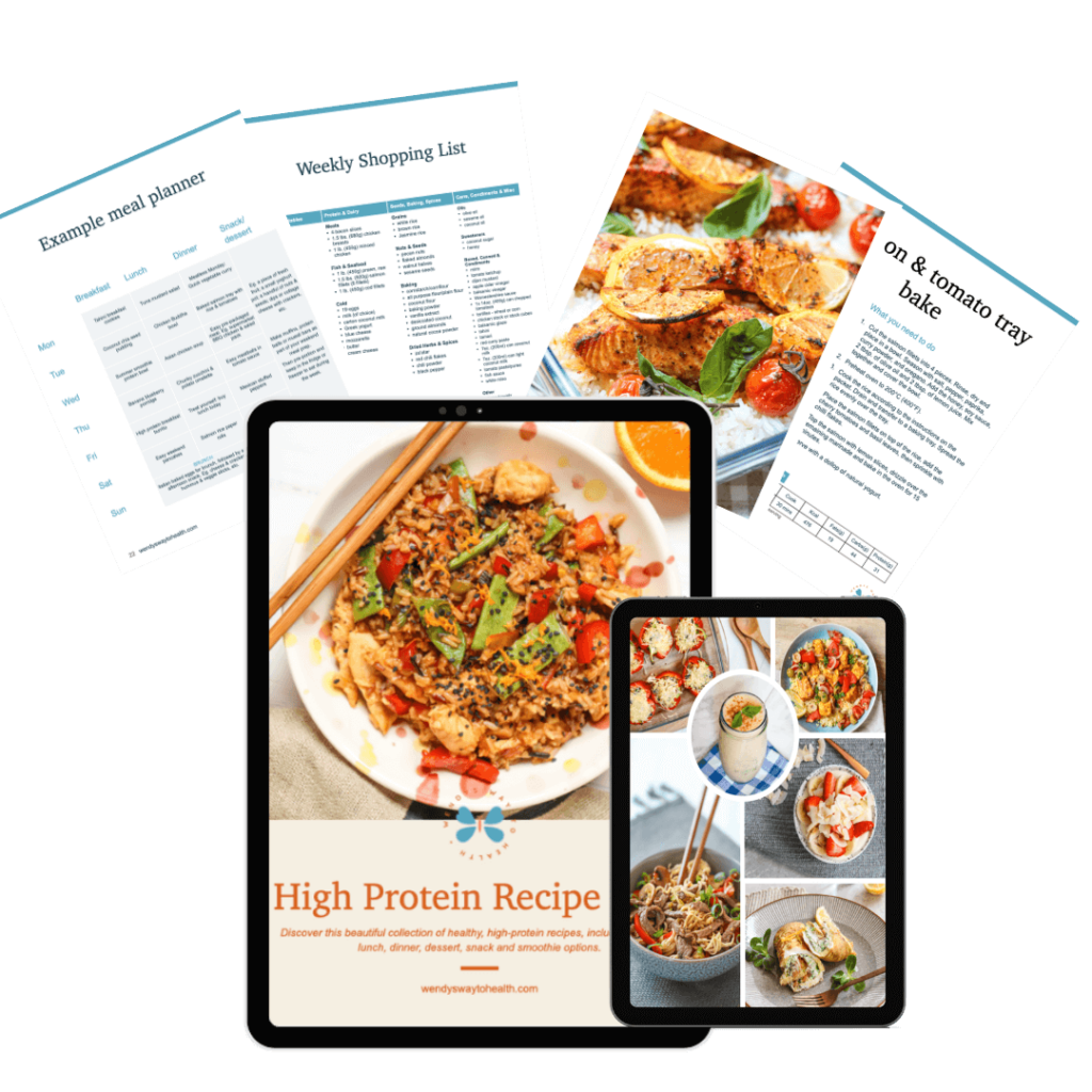 High protein recipe pack cover on iPad, with pages displayed around it