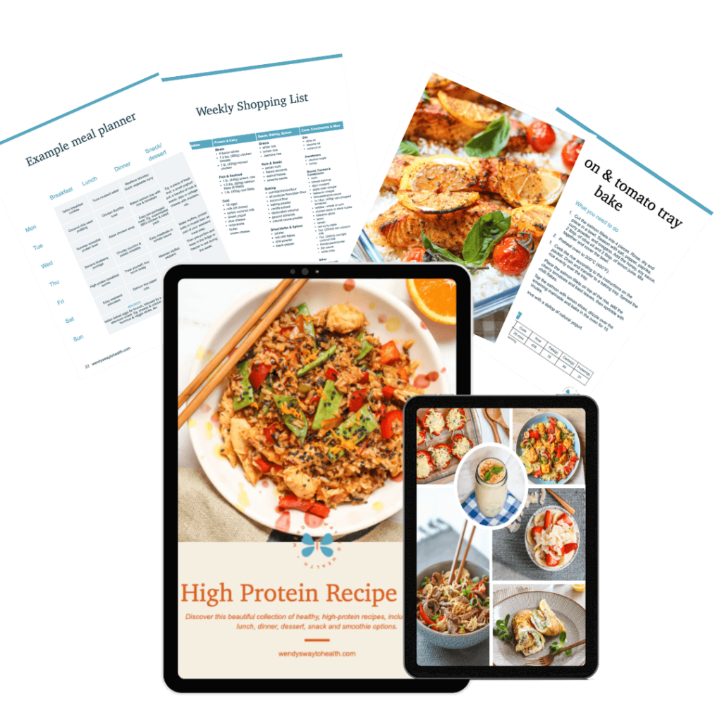 High protein recipe pack cover on an iPad surrounded by pages