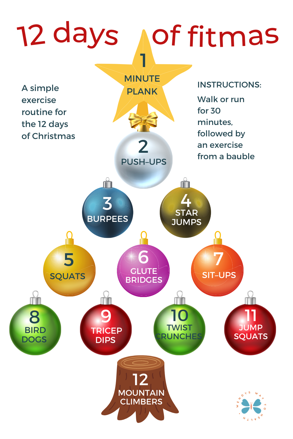 "12 days of fitmas" workout on christmas tree baubles 