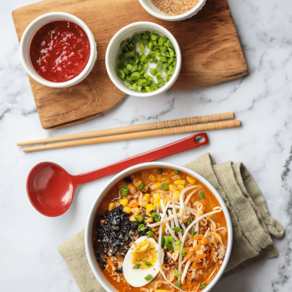 Easy ramen in a bowl with side sauces