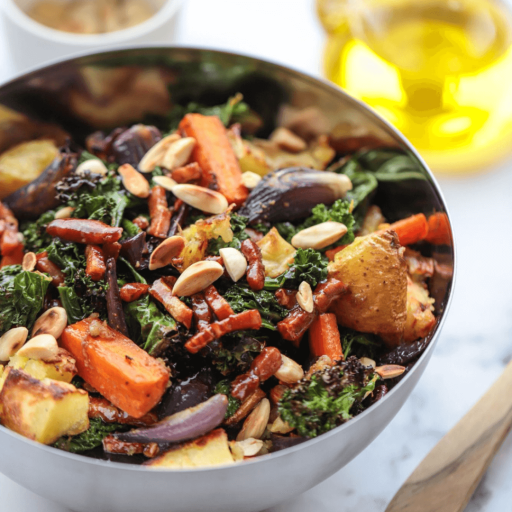 Roasted potato, bacon and kale salad in a bowl