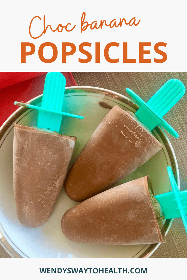 Choc banana popsicles pin image of popsicles on a saucer with the title above