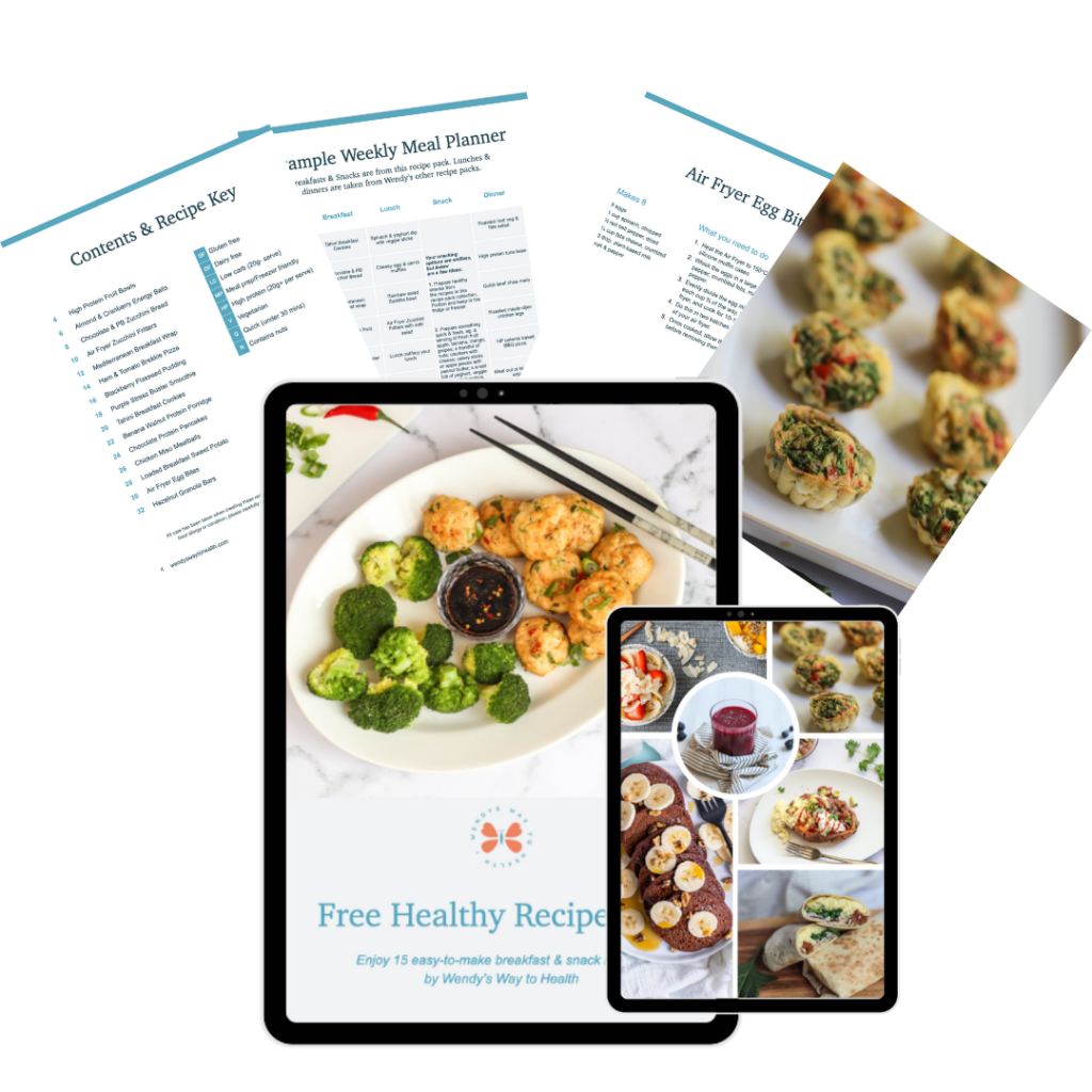 Healthy breakfast & snack cover image, surrounded by other pages from the recipe pack