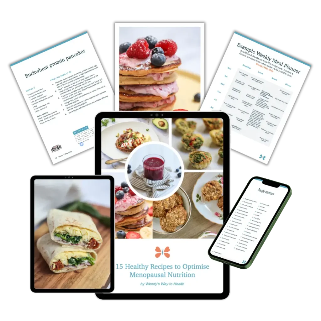 Free menopause recipe pack cover image on iPad surrounded by page examples