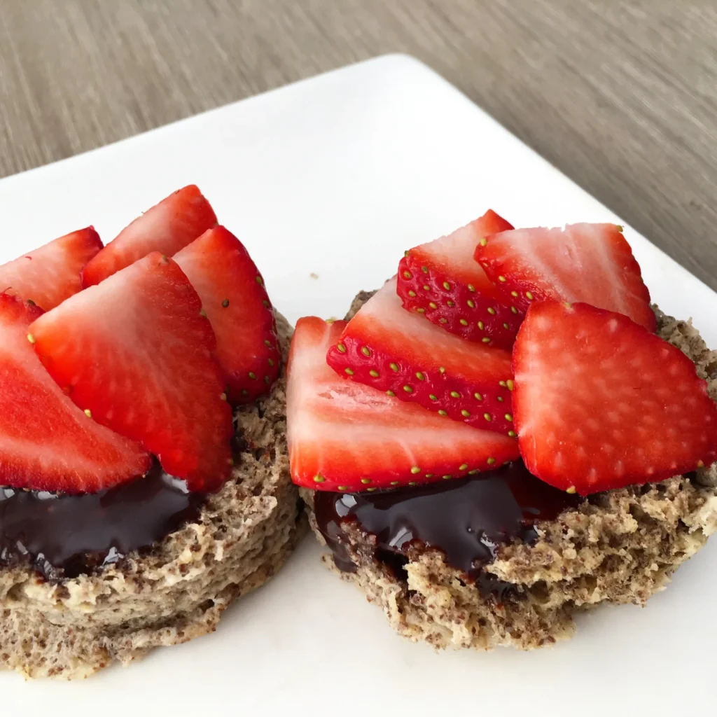 flax bun topped with chocolate spread and sliced strawberries 