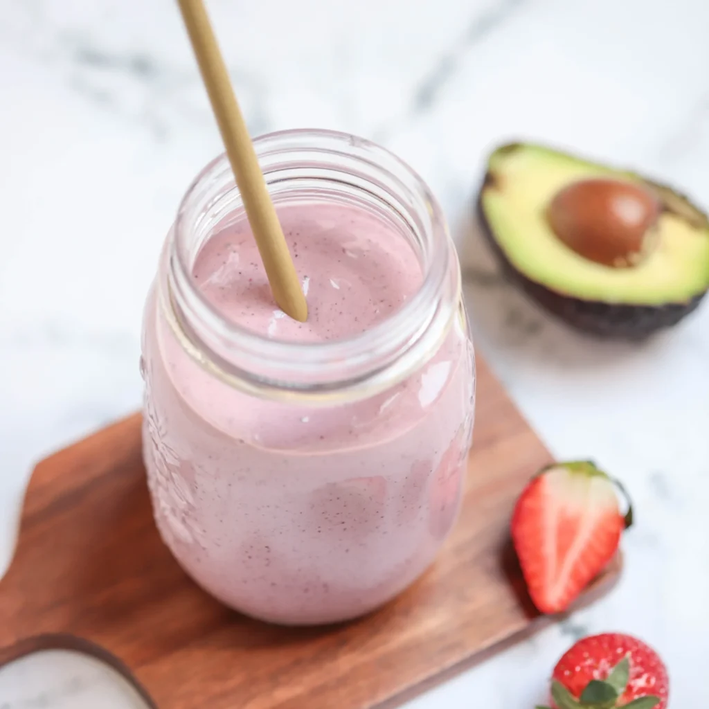 Banana berry protein smoothie in a jar