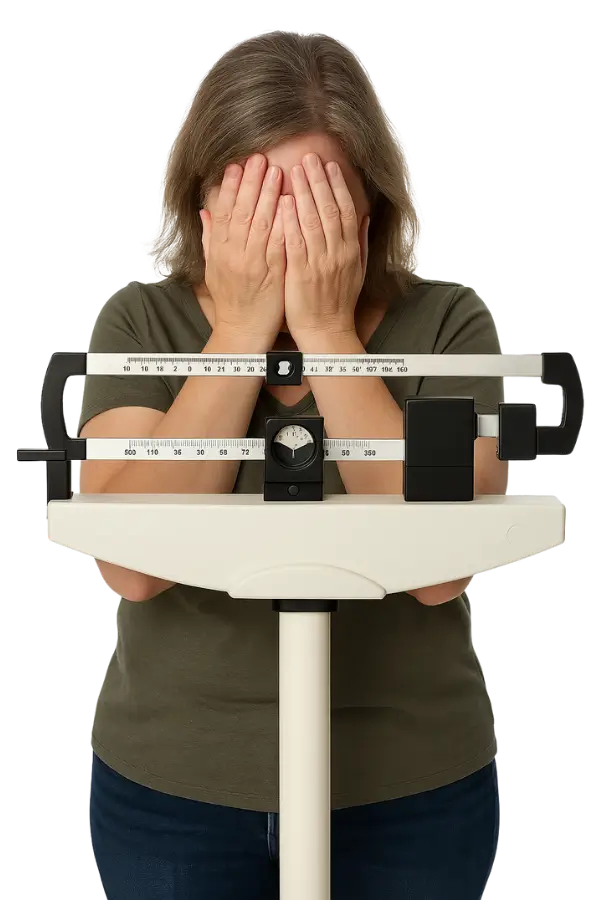 Woman standing on scales not wanting to look